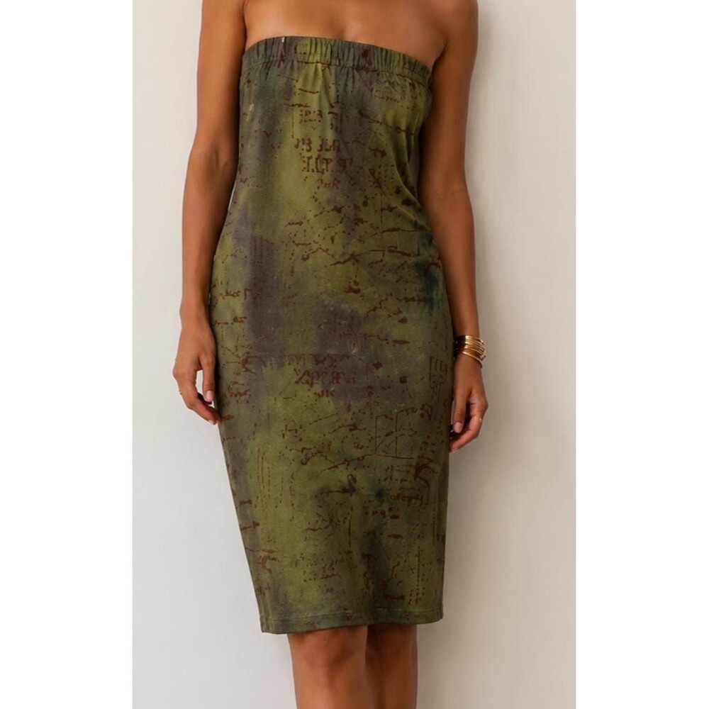 Olive Green Tube Dress Women’s Strapless Knee Length Abstract Print Medium VTG